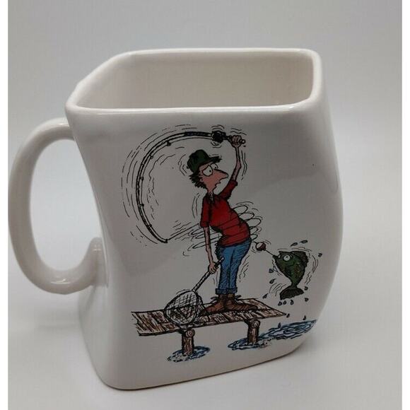 VTG 1992 Fly Fishing Cartoon Mug “The Results of Over Cast” Square Twist Ceramic - Picture 7 of 7